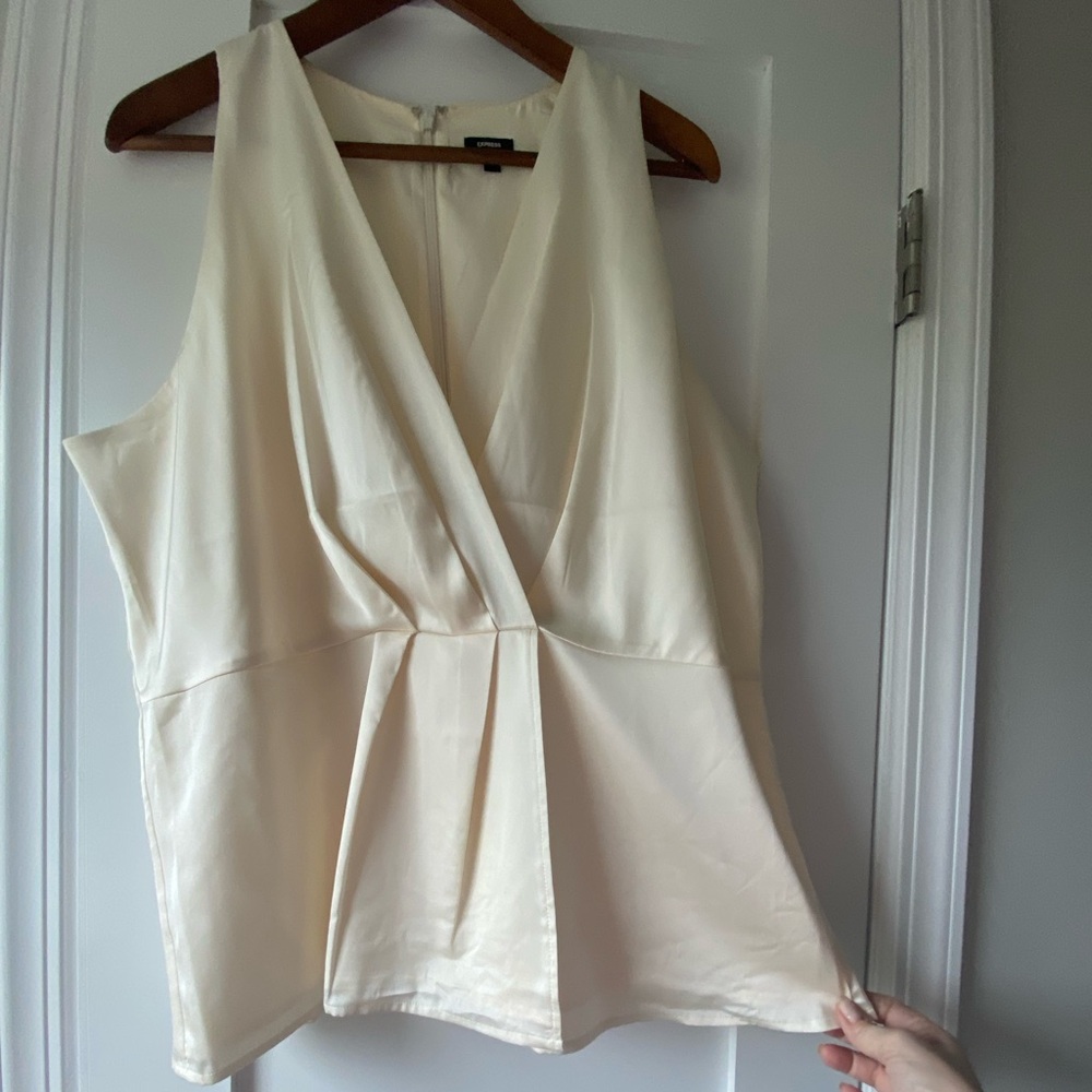 Ivory Satin Sleeveless Faux-Wrap Blouse - Picture 3 of 8